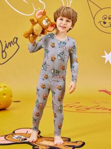 TOM & JERRY X SHEIN Young Boy Cartoon Allover Print Snug Fit Sleepwear Set - Long Sleeve Top & Pants