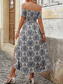 Breezaya 1 件露肩度假休闲全印花高开叉连衣裙