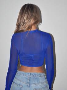 SHEIN ICON Mock Neck Ruched Mesh Perspective Crop Top Without Bra - Blue - View 2