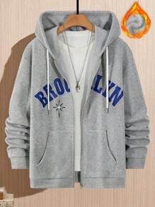 Manfinity Hypemode Áo nỉ thường ngày có mũ trùm đầu có khóa kéo dành cho nam, có in chữ, Back To School - Màu Xám nhạt - Xem 7