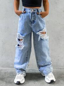 SHEIN Explorewe Young Girl New Casual And Stylish Light Blue Distressed Washed Straight Leg Jeans, School, Campus, College Summer Holiday
