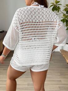 SHEIN LUNE 大码 V 领纯色镂空休闲上衣和短裤 2 件套，适合冬季 - 白色 - 查看 2