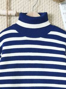 Tween Boys' High Neck Striped Drop Shoulder Loose Knit Sweater For Fall/Winter, Suitable For Travel, Gatherings And Casual Outings - Navy Blue - View 4