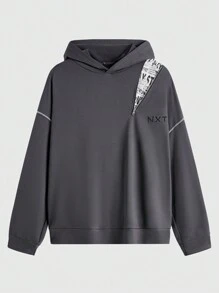 Manfinity VCAY Plus Size Men's Newspaper Print Zip-Up Relaxed Fit Hooded Sweatshirt, Suitable For Autumn & Winter - Grey - View 1