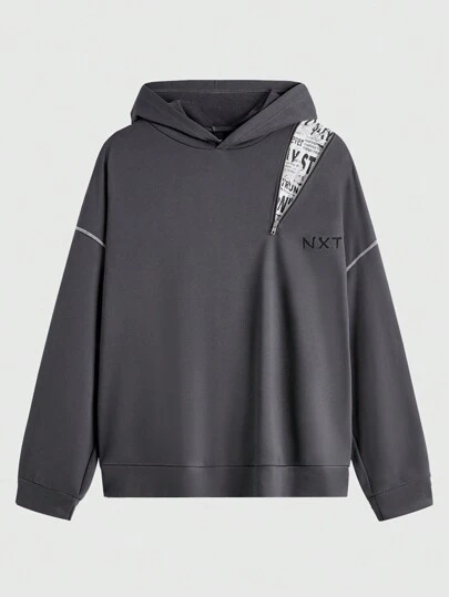 Manfinity VCAY Plus Size Men's Newspaper Print Zip-Up Relaxed Fit Hooded Sweatshirt, Suitable For Autumn & Winter