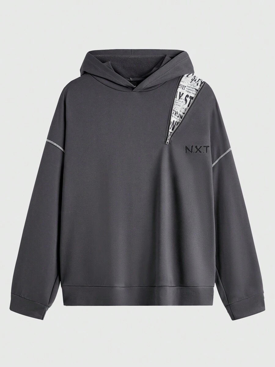 Manfinity VCAY Plus Size Men's Newspaper Print Zip-Up Relaxed Fit Hooded Sweatshirt, Suitable For Autumn & Winter - Grey - View 1