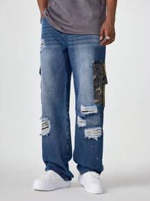 PAVTROS Quần Jeans Cargo Jeans Xanh Đậm Giặt Bằng Denim Túi Vá Streetwear Rộng Rãi Cho Nam, Quà Tặng Cho Chồng, Bạn Trai - Rửa tối - Xem 7