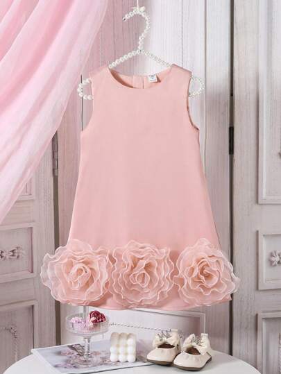 SHEIN Glamorique Kids 1pc Young Girls Wedding Flower Girl  Elegant Satin Sleeveless Dress With Big Flower & Bow, Suitable For Wedding, Party, Stage Performance In Summer