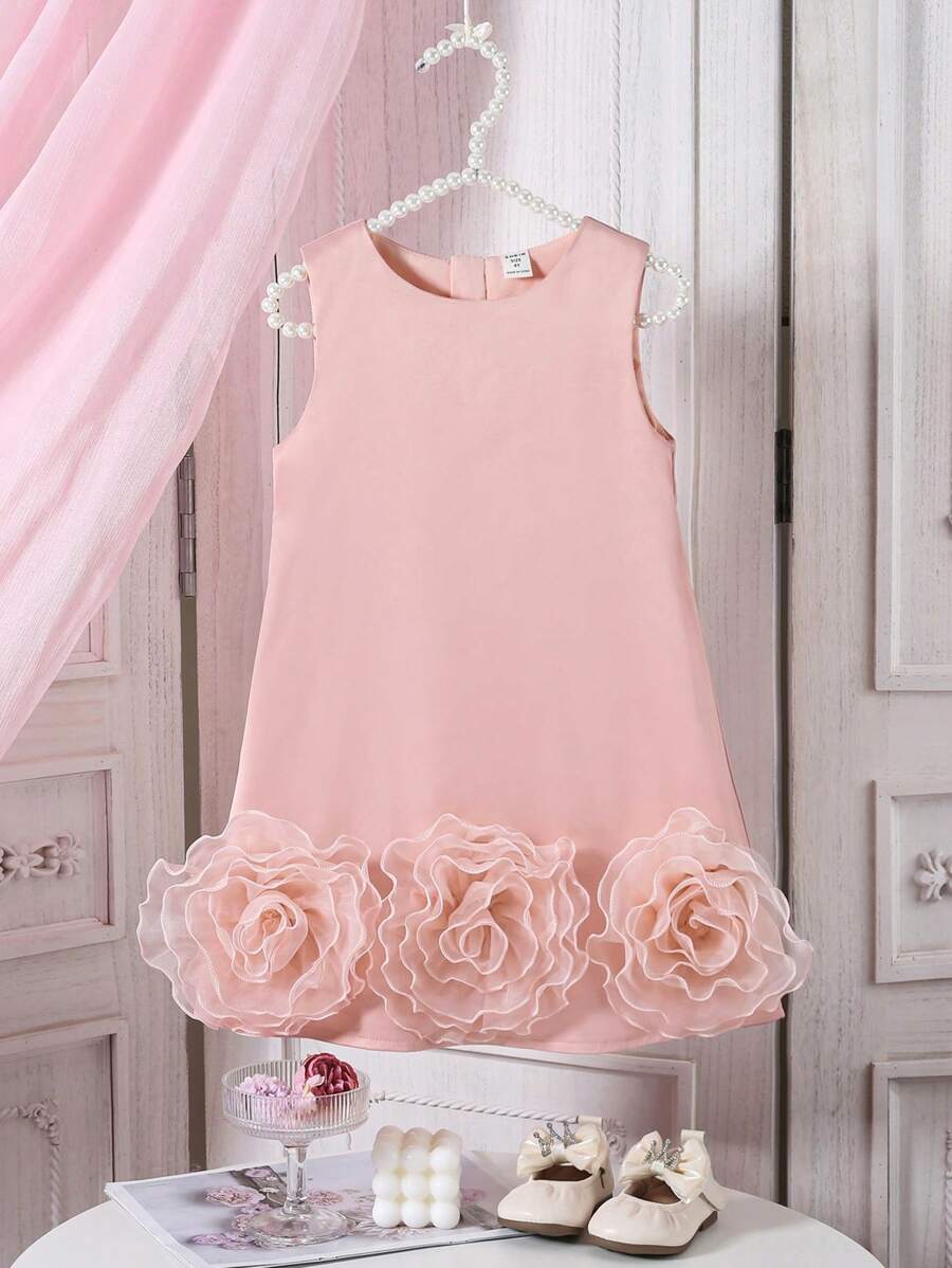 SHEIN Glamorique Kids 1 chiếc váy cưới nữ trẻ trung bằng vải satin không tay thanh lịch có hoa và nơ lớn, thích hợp cho đám cưới, tiệc tùng, biểu diễn sân khấu vào mùa hè - Hồng - Xem 1
