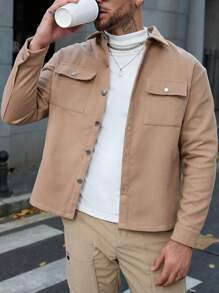 Manfinity Homme Áo sơ mi nam tay dài giản dị có túi phía trước màu trơn - Màu be - Xem 5