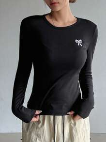 DAZY Women's Bow Print Warm T-Shirt Long Sleeve Women Tops - Black - View 2