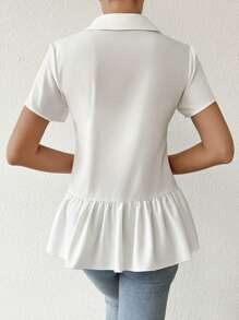Chiquease Solid Color Asymmetrical Hem Short Sleeve Shirt - White - View 2