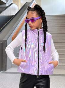 SHEIN Tween Girls Reversible Laser Cut Padded Vest - Multicolor - View 3