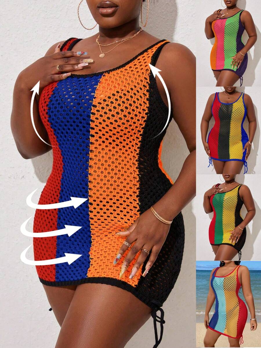 Maweii 大尺碼女士對比色中空毛衣連衣裙，適用於日常穿著 - 橘色 - 查看 1