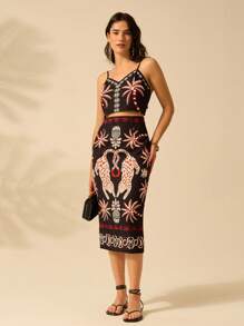 CAJUNI 女士度假休闲海滩夏季波西米亚风热带豹纹、椰子和菠萝印花黑色修身半身裙 - 彩色 - 查看 3