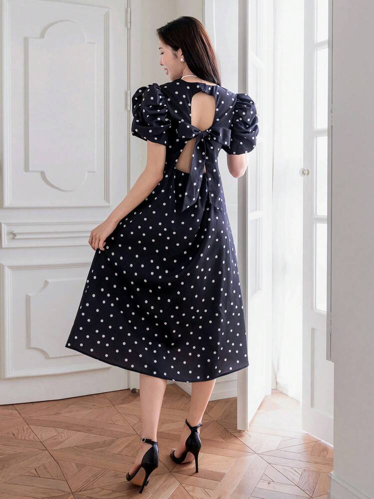 DAZY Polka Dot Puff Sleeve Backless Tie-Up Waist Long Short Sleeve Women  Dress | SHEIN USA