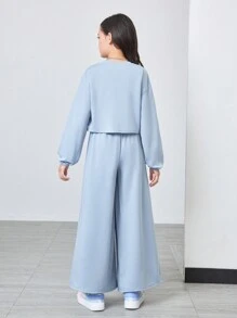2pcs/Set Tween Girl Casual Criss-Cross Hem Long Sleeve T-Shirt And Loose Pants Outfit, School Style - Multicolor - View 2