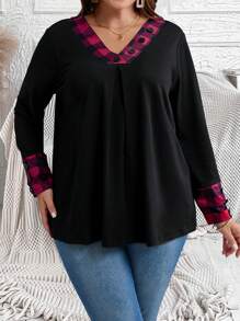 EMERY ROSE Plus Size Plaid Patchwork Front Button V-Neck Long Sleeve Casual Fall Blouse - Black - View 7