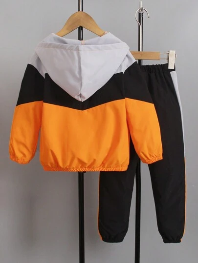 SHEIN 2 件套年轻男孩休闲拼色连帽衫和运动裤运动装，秋季