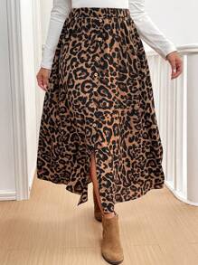 SHEIN VCAY Saia feminina plus size estilo francês, novidade da moda outono/inverno, com botões, modelagem evasê, cintura elástica, ideal para festas, estampa de leopardo, volta às aulas, saia com estampa americana, elegante, com fenda, perfeita para professoras, inspirada nos anos 70, para o trabalho, festas, minimalista, para o escritório, retrô, simples, para festivais de música, saia de outono, vintage, única, para férias, festiva, solta, saia casual feminina, ideal para usar com casacos. - Multicolorido - Ver 1
