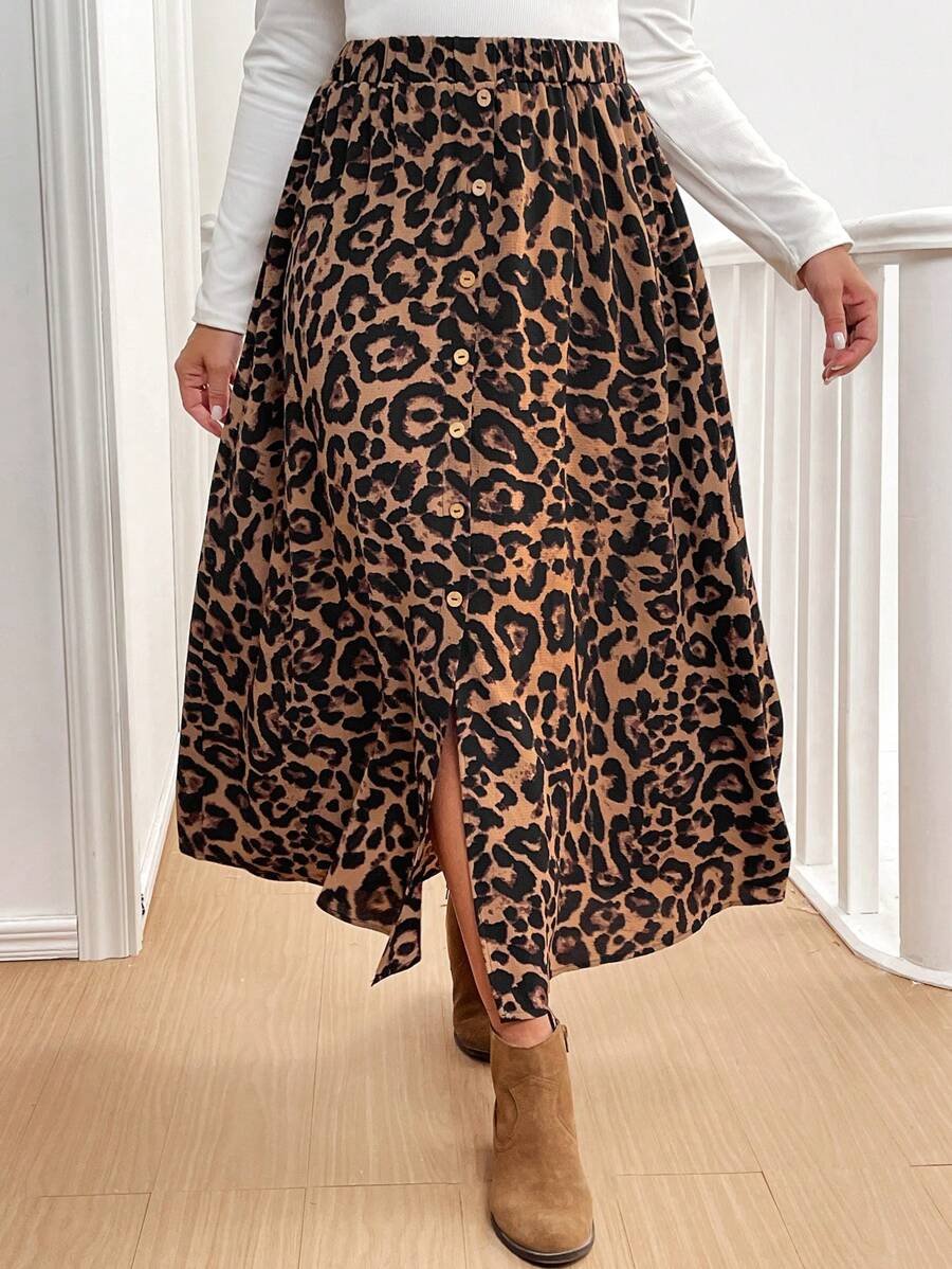 SHEIN VCAY Saia feminina plus size estilo francês, novidade da moda outono/inverno, com botões, modelagem evasê, cintura elástica, ideal para festas, estampa de leopardo, volta às aulas, saia com estampa americana, elegante, com fenda, perfeita para professoras, inspirada nos anos 70, para o trabalho, festas, minimalista, para o escritório, retrô, simples, para festivais de música, saia de outono, vintage, única, para férias, festiva, solta, saia casual feminina, ideal para usar com casacos. - Multicolorido - Ver 1