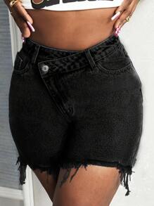 SHEIN Slayr Women's Button Fashionable Raw Edge Hem Design Street Style Mid-Rise Denim Shorts - Black - View 4