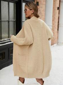 SHEIN LUNE 新品秋季宽松针织不对称斗篷开衫，时尚蝙蝠袖款式超大毛衣外套 - 卡其色 - 查看 2