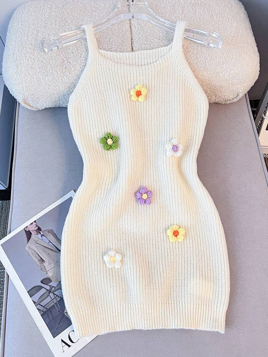 SHEIN Vestido de punto de cami con decoración floral 3D hecha a mano, ajustado para niña preadolescente