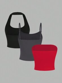 SHEIN EZwear 3 件套休闲无袖基本款女士背心/吊带背心套装，春夏 - 彩色 - 查看 2