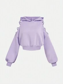 SHEIN Girlism Teen Girls' Purple Cross Shoulder Exposed Short Hoodie With Small Ears, Dark Style Casual Solid Color Pullover Sweatshirt,In Fall/Winter