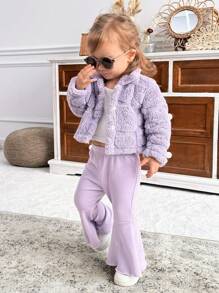 SHEIN 3pcs/Set Baby Girl Autumn/Winter Outfit - Thick Turndown Collar Jacket, Suspender Vest And Flared Pants - Purple - View 4