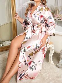 Floral Print Faux Silk Long Robe For Plus Size Women - Champagne - View 5