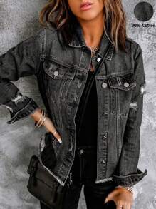 Distressed Hem Single-Breasted Pocket Design Casual Denim Jacket - Black - View 6