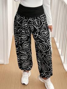 SHEIN VCAY Plus Size Print & Solid Color Patchwork Elastic Waist Loose Harem Pants - Multicolor - View 2