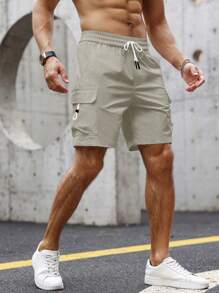 Manfinity Homme Men Flap Pocket Side Drawstring Waist Shorts, Men's Casual Short, Streetwear Men Shorts - Beige - View 3