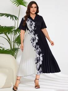 Lacomfia Plus尺寸花卉印花褶皺下擺襯衫連衣裙