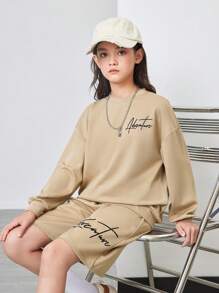 SHEIN 2pcs/Set Tween Girls' Loose Casual Handwritten Text Print Sweatshirt And Wide-Leg Pants Outfit, Early Autumn - Apricot - View 6