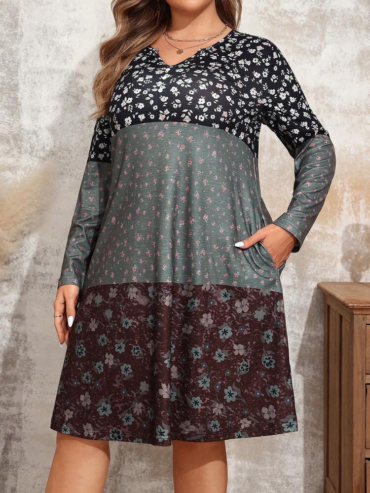 Plus Size V-Neck Floral Print Ruffle Hem Pocketed Long Sleeve Fall Dress
