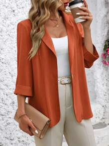 SHEIN Clasi Women's Solid Color Lapel Neck 3/4 Sleeve Elegant Blazer Jacket, Spring Fall - Chocolate Brown - View 4