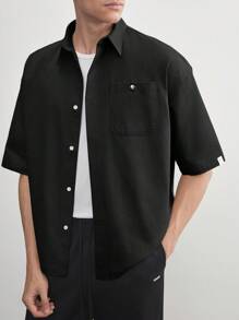 AKNOTIC Business Casual 棉质男士宽松休闲编织短袖衬衫，适合夏季日常穿着 - 黑色 - 查看 5