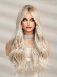Blonde Medium Part Bangs Wigs Long Curly 26-Inch Daily Simulation Scalp Natural Woman Wigs For An Eid Gift,Cosplay, Party Wedding Hair Wigs And Daily Wear Coachella Music Festival