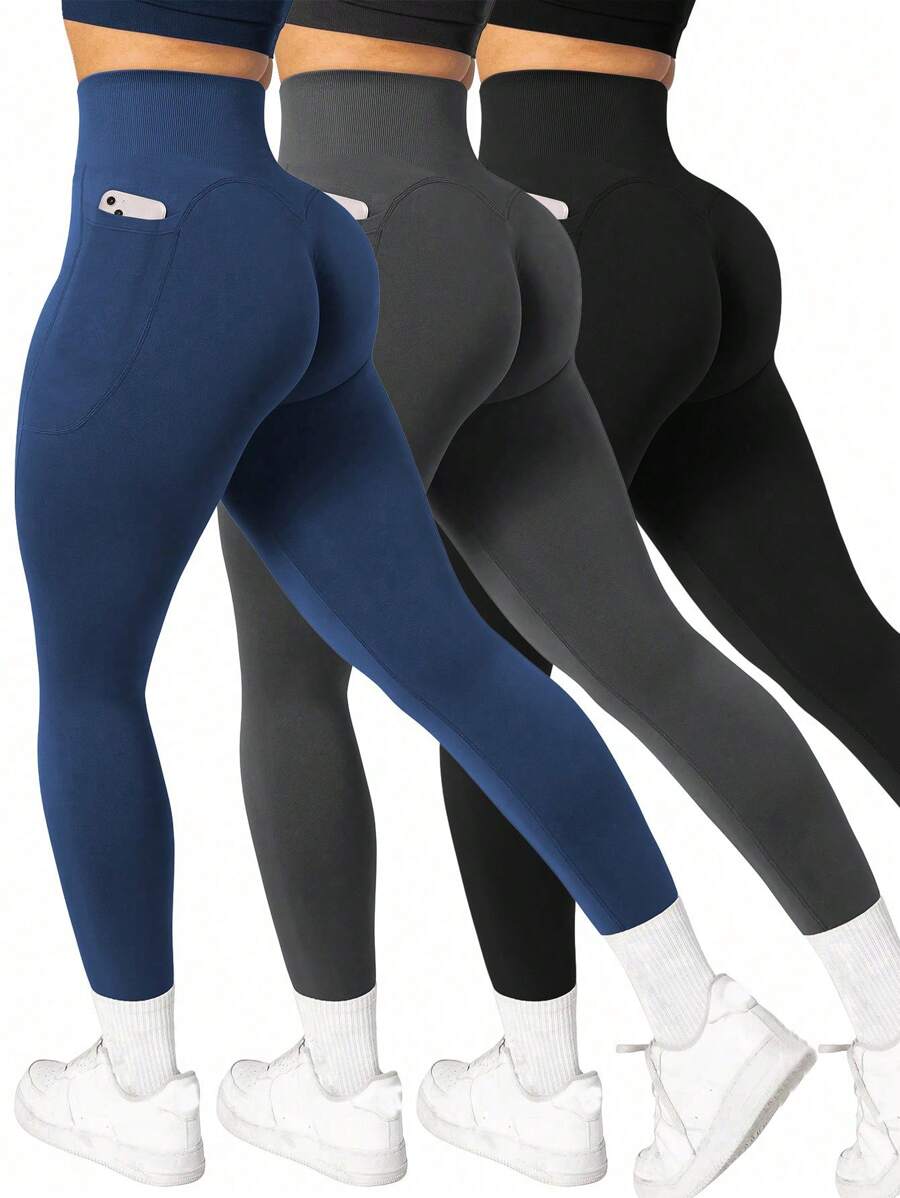Easithlete 3件套纯色高腰无缝运动紧身裤瑜伽女裤 - 彩色 - 查看 1