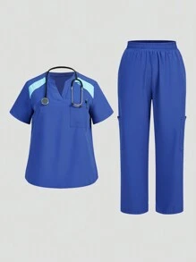 TaskEZ Plus Size Women's Contrast Color V-Neck Short Sleeve Top With Pockets And Pants Uniform, Plus Size Uniforms & Scrubs - Navy Blue - View 11