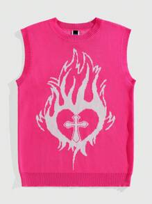 ROMWE MEN Street Life Men's Round Neck Sleeveless Flame Pattern Casual Sweater - Pink - View 1