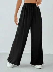 SHEIN Tall 女士春夏休闲纯色抽绳阔腿飘逸裤 - 黑色 - 查看 4