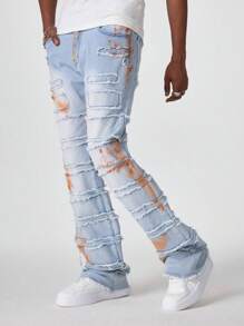 Manfinity EMRG Pantalones vaqueros de campana desgastados de color azul claro desteñido para hombre