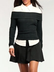 Forever 21 Áo dài tay có cổ màu tương phản dành cho nữ - Màu xám đen - Xem 3