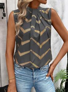 SHEIN LUNE Women's Summer Foil Wave Striped Pleated Collar Sleeveless Blouse