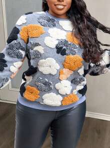 Slaydiva Autumn And Winter Casual Street Round Neck Long Sleeve Gray Bottom Colorful Three-Dimensional Tweed Velvet Feel Knitted Fabric Women's Sweatshirt-C