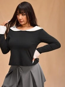 Forever 21 Plus Size Women Color Block Long Sleeve T-Shirt, Fall/Winter - Black and White - View 8